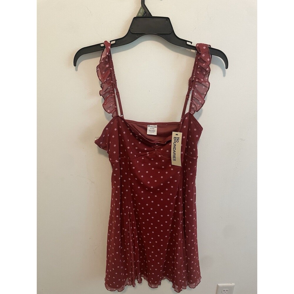 No Boundaries Women’s Red Polka Dot Square Neck Mesh Lined Ruffle Mini Dress XL